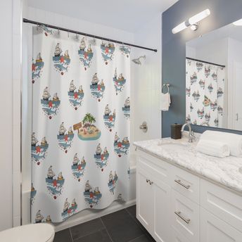 Nautical Ship and Starfish Pattern Shower Curtain | Coastal Bathroom Decor